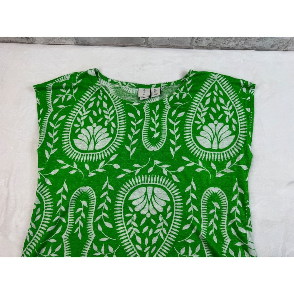 Joie Linen Tee Top Kelly Green White Paisley‎ Botanical Print Cap Sleeve Size L - Picture 3 of 9